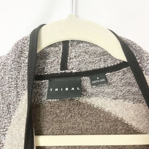 Tribal Asymmetric Open Front Geometric Cardigan Black Brown Orange Size S - Picture 4 of 6